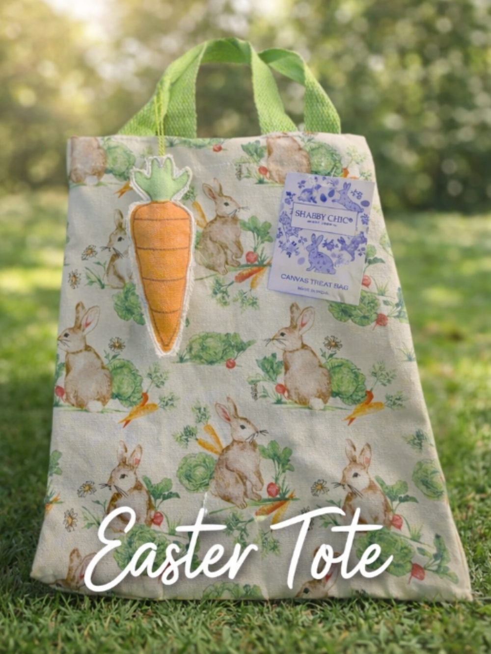 Shabby Chic Easter Bunny & Carrot Cotten Tote in Green and Orange